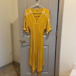 Vici Mustard Yellow Midi Dress with White Lace Trim